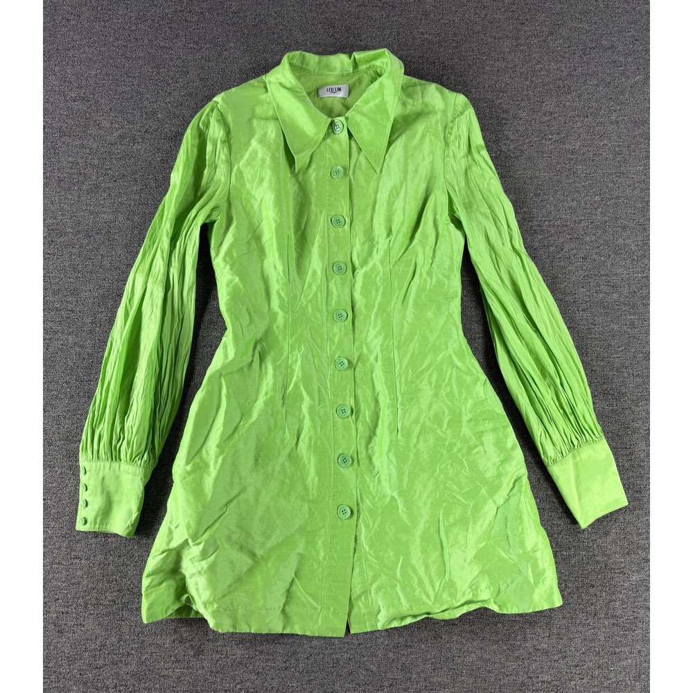 Leo Lin Dress Womens 8 Green Collared Silk Linen Cotton Mini Button Front